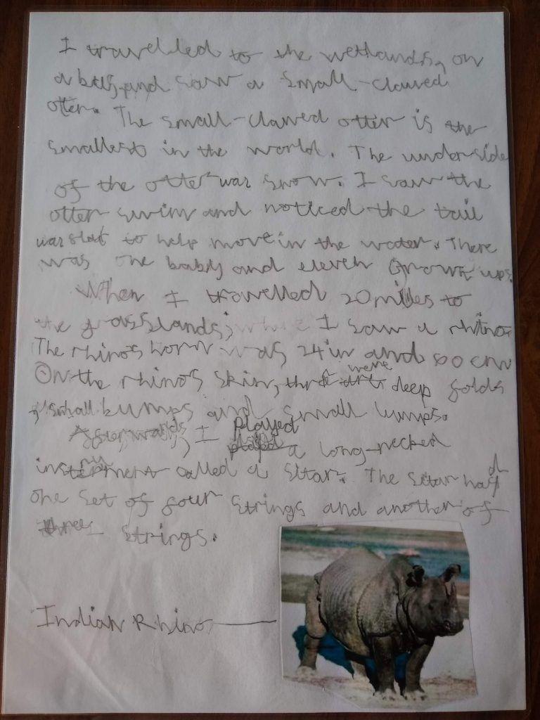 Page two of the letter shows a description of a small-clawed otter, a photo of an Indian rhino and a description of it, and a description of a sitar.