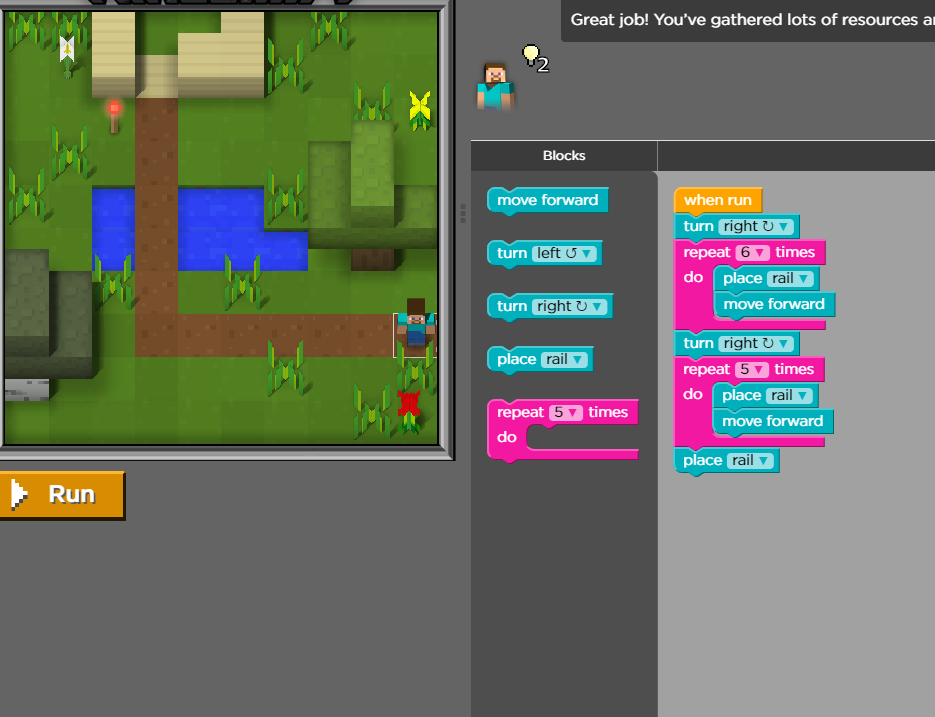 A screenshot showing a Minecraft puzzle with some code.