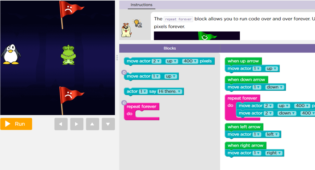A screen capture showing a green dragon, two sad red flags and a penguin. On the right is the code.