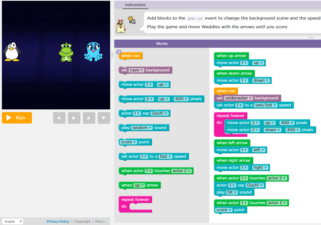 A screen capture showing a blue octopus, green dragon and Waddles. Over to the right, there is some code saying that when actor 1 touches actor 2, actor 1 says, "ouch!"