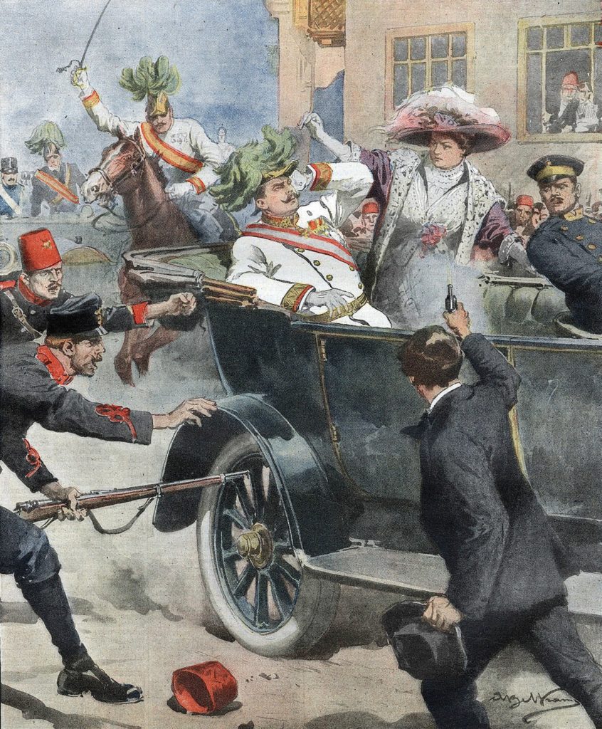 A painting depicting the assassination of Archduke Franz Ferdinand. Gavrilo Princip is seen firing a gun beside the carriage.