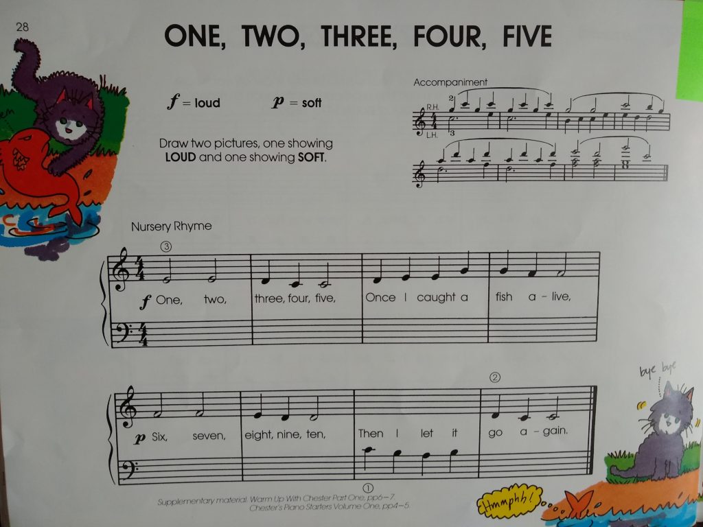 A photo showing a song called "One, Two, Three, Four, Five". It shows the writing and the music.