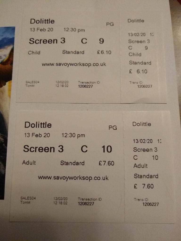 A photo showing our tickets for the Dolittle film.