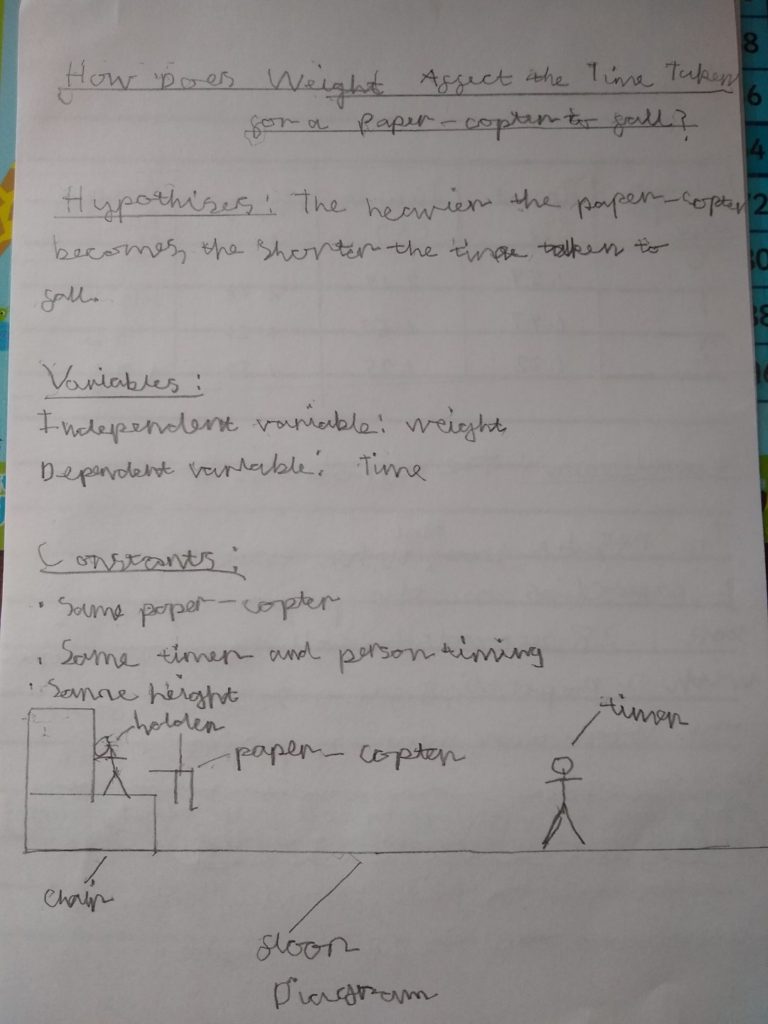 A photo showing my hypothesis, variables, constants and diagram.