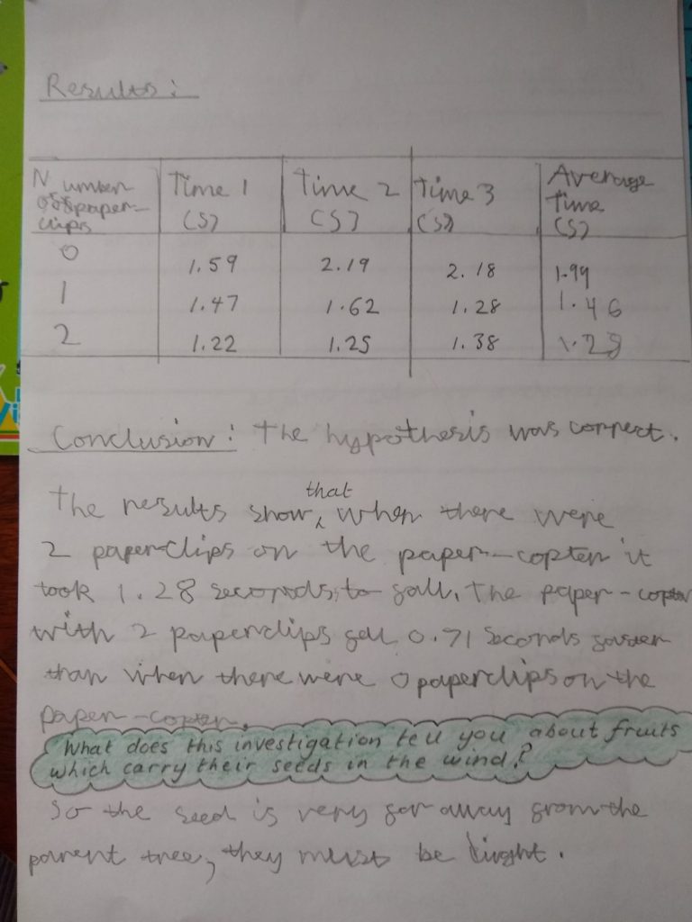 A photo showing my results, conclusion and bonus question.