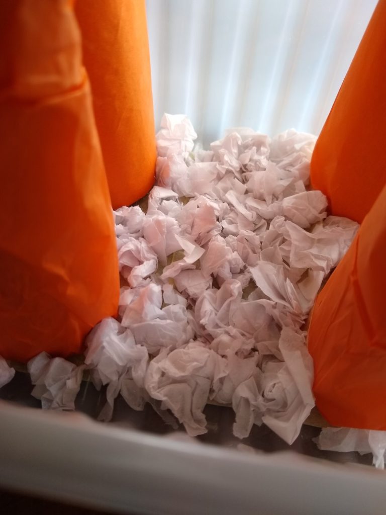 A photo showing the white tissue paper snow covering the bottom of the tiger enclosure.