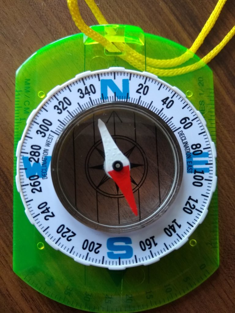 A picture of a red and white magnet inside a compass.