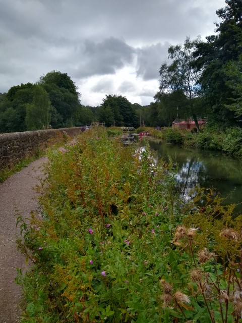 A photo of the canal leading up to the black and white swing bridge.