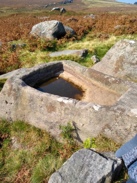 Photos of the information plaque, part of the stone wall and a water trough at Carl Wark.