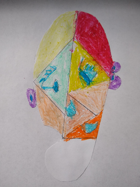A cubist portrait, using blocks of bright colours for each part of the face.