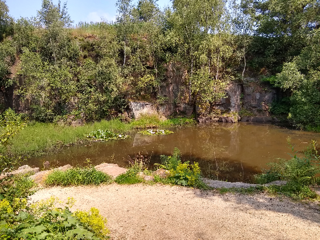 A photo of the pond edged by low cliffs.