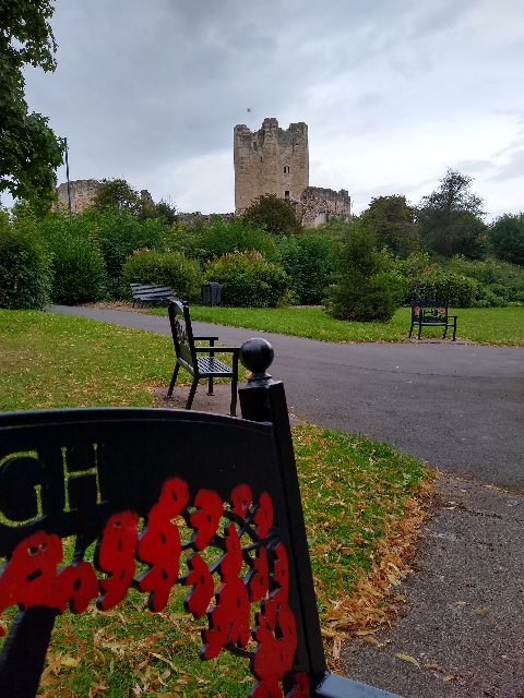 A photo of black benches with aeroplanes and red poppies on, in the memorial gardens. Behind the trees is the castle, which is mostly in ruins.