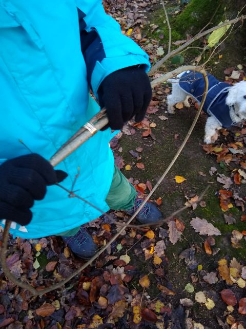 A photo of a boy holding the first branch after it was tied.