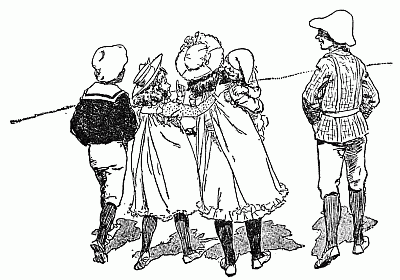 A black-and-white illustration of the four children. The biggest girl is carrying the baby.