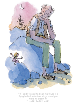 An illustration showing Sophie and the BFG talking, while sitting on blue rocks in the moonlight.