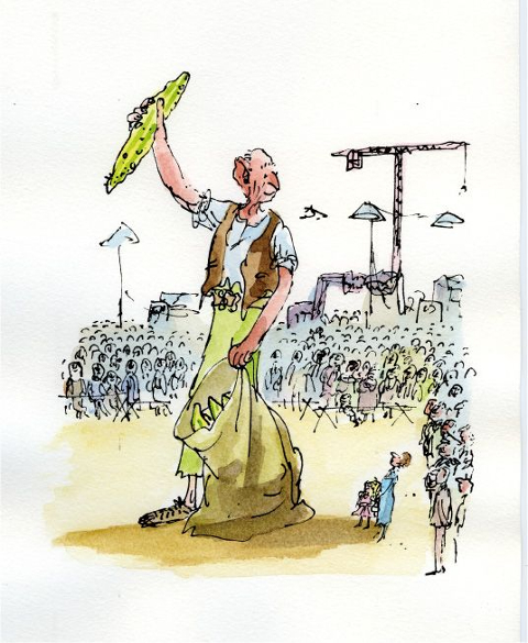 An illustration showing the BFG holding a snozzcumber from a sack. Sophie and the Queen are among the onlookers.